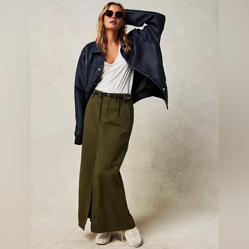 NWOT Free People Chino High Slit  Maxi Skirt High Waisted 
Green Sz 4 pockets